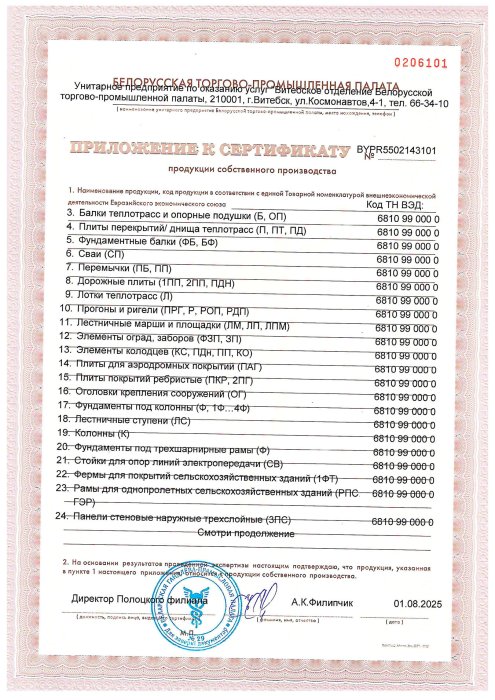 Сертификат продукции собственного производства Приложение 1