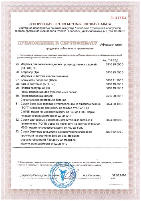 Сертификат продукции собственного производства Приложение 2